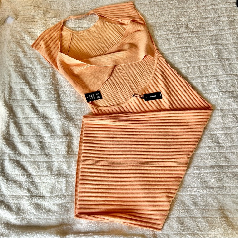 EXPRESS rib-knit twist back midi orange sweater dress size X Large - Picture 3 of 13